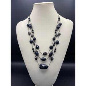 Multi-Strand Black Faceted Beaded Necklace Chunky Statement Adjustable Gunmetal